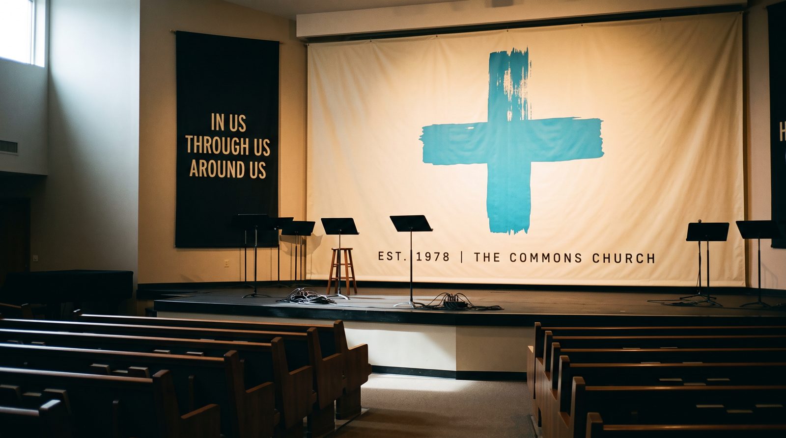 Stage banner carrying the plus mark